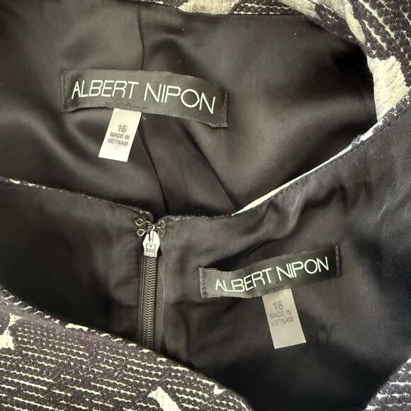 Albert Nipon Size 16 Sheath Dress Jacket Suit Set Black Floral on Silvery White - Picture 3 of 16